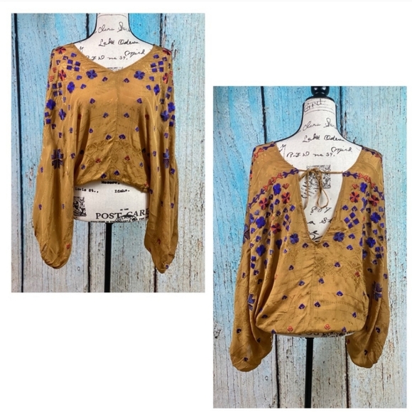 Free People Mustard Music In Time Embroidered Bishop Sleeve Top sz S - Picture 2 of 7